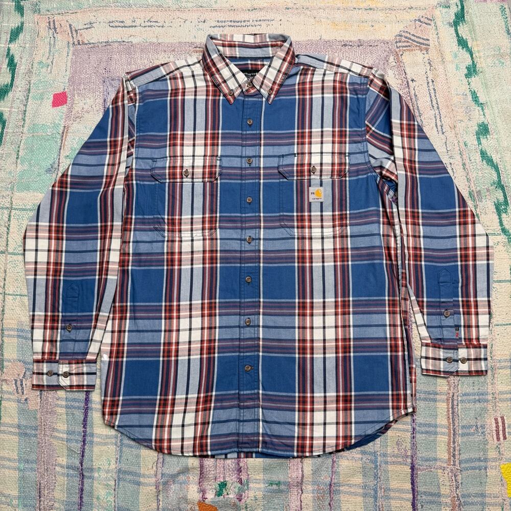 Carhartt Men's Loose Fit Flame Resistant Plaid Long Sleeve Button-Up Shirt Large